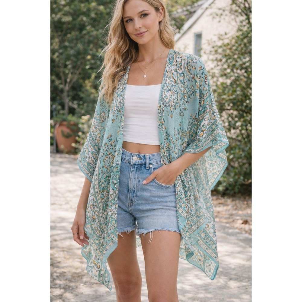 Kimono Wrap Women OS Aqua Blue Paisley Floral Boho Festival Ethereal Sheer Beach